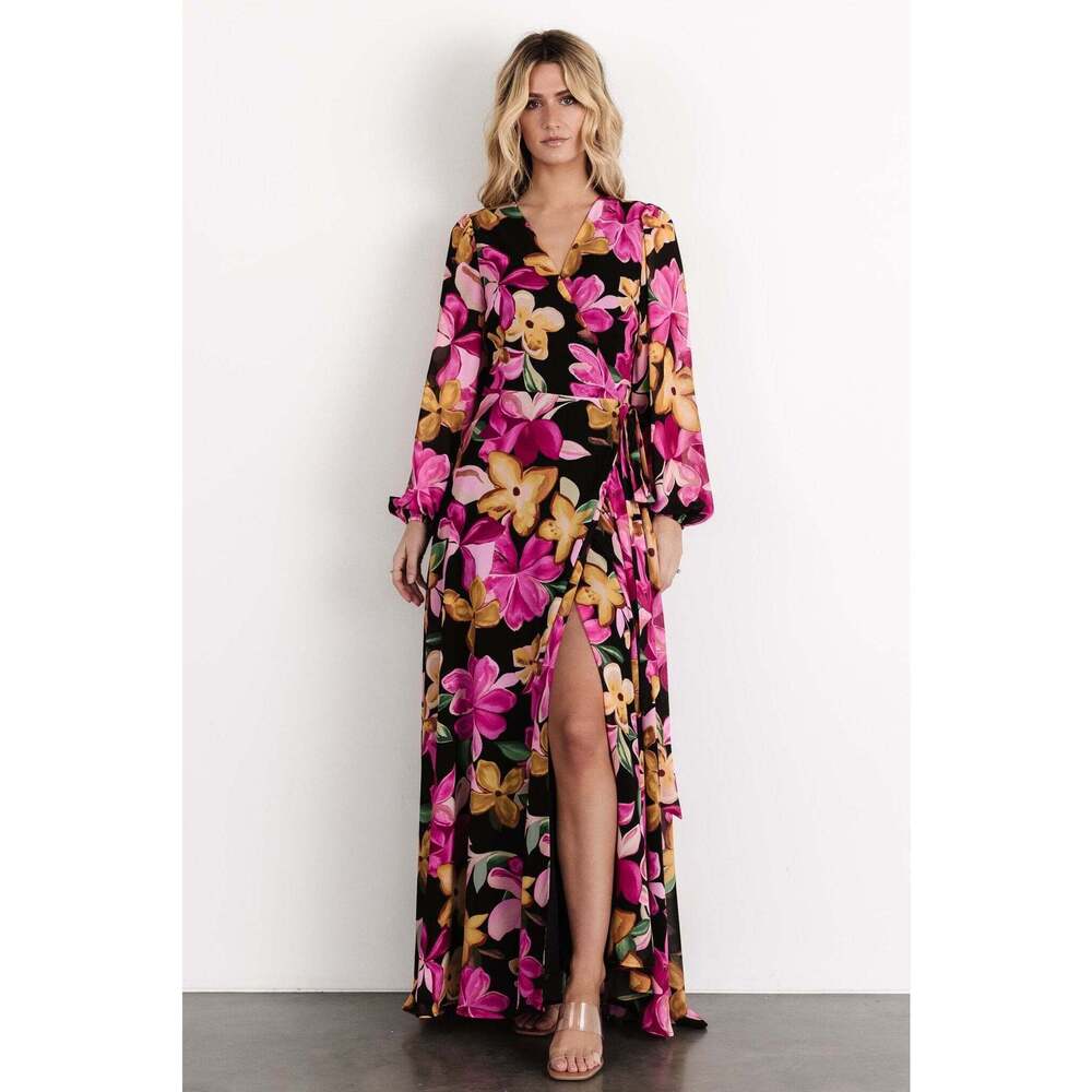 Baltic Born Katinka Wrap Maxi Dress | Black Multi Floral Size MM - Picture 2 of 5